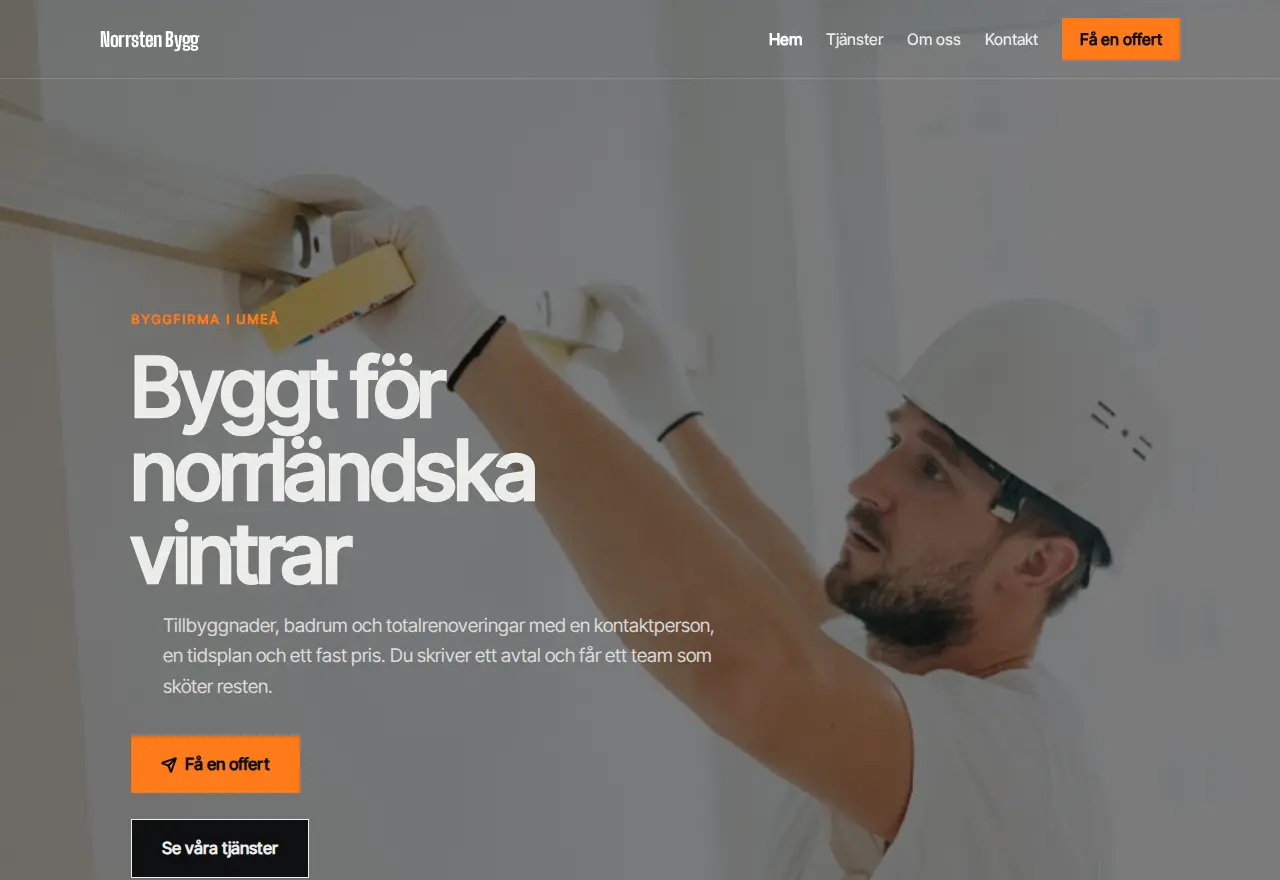 Startsidan på demosidan Norrsten Bygg, en hemsida för byggfirma byggd med Timvat