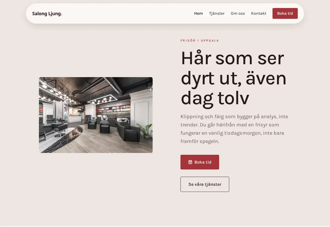 Startsidan på demosidan Salong Ljung, en hemsida för frisörsalong byggd med Timvat